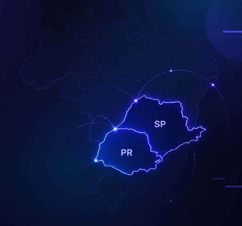 Mapa do Paraná e São Paulo representando a atuação regional da Macro Tecnologia